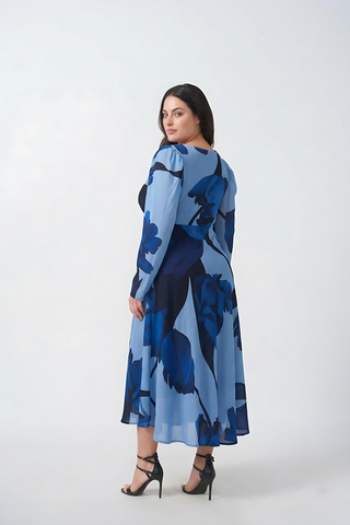 Floral crepe ankle-length dress with long sleeves and a side slit, offering breathable movement and a polished look