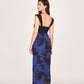 Rear view of the sweetheart neck floral dress with back zip closure and soft crepe drape.