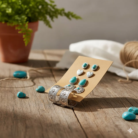 Lifestyle shot of Turquoise Flower Drop Earrings and antique silver studs on a display card. 