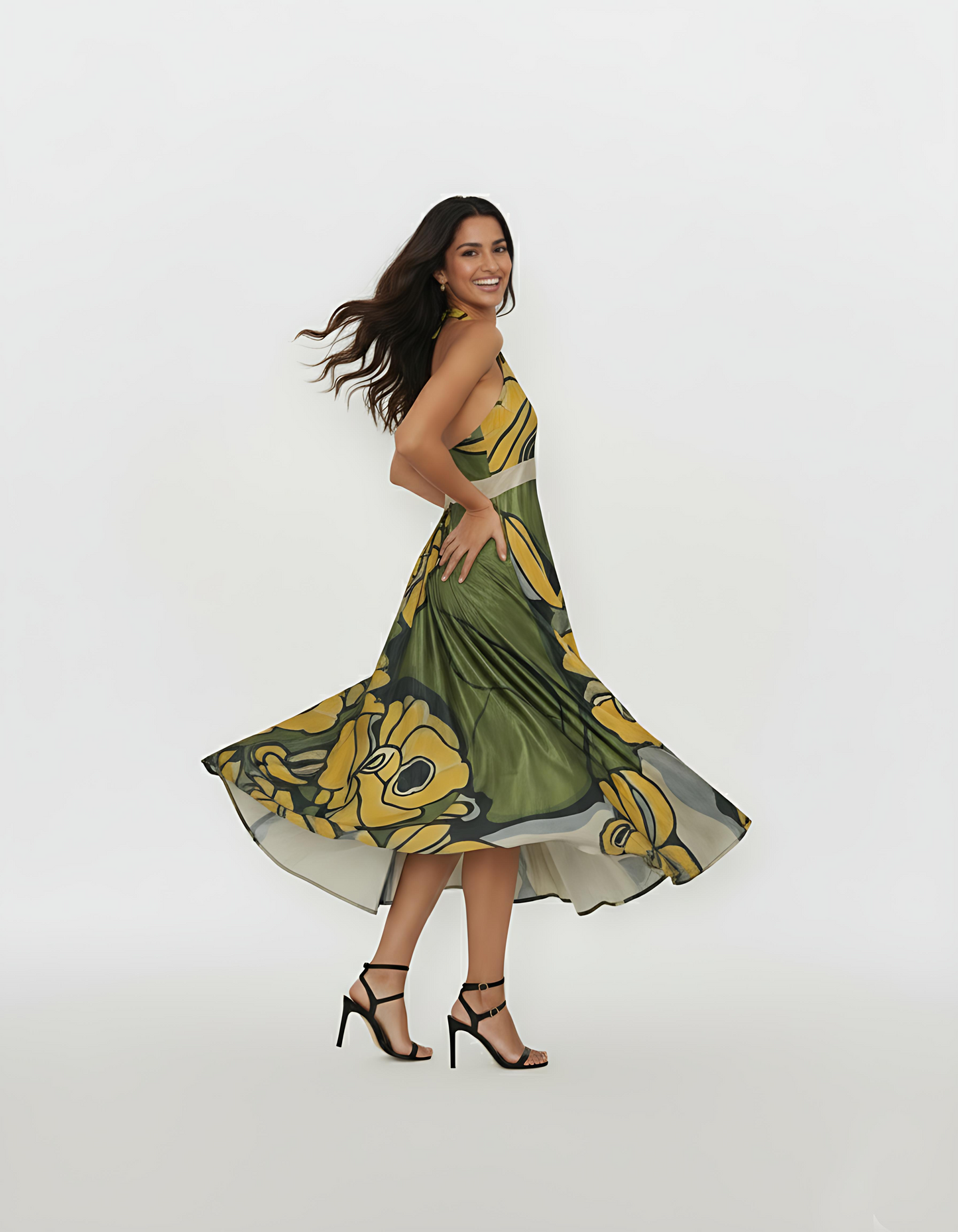 Flowing midi-length dress crafted from a lightweight, airy fabric that offers a draped silhouette and graceful movement through the skirt.