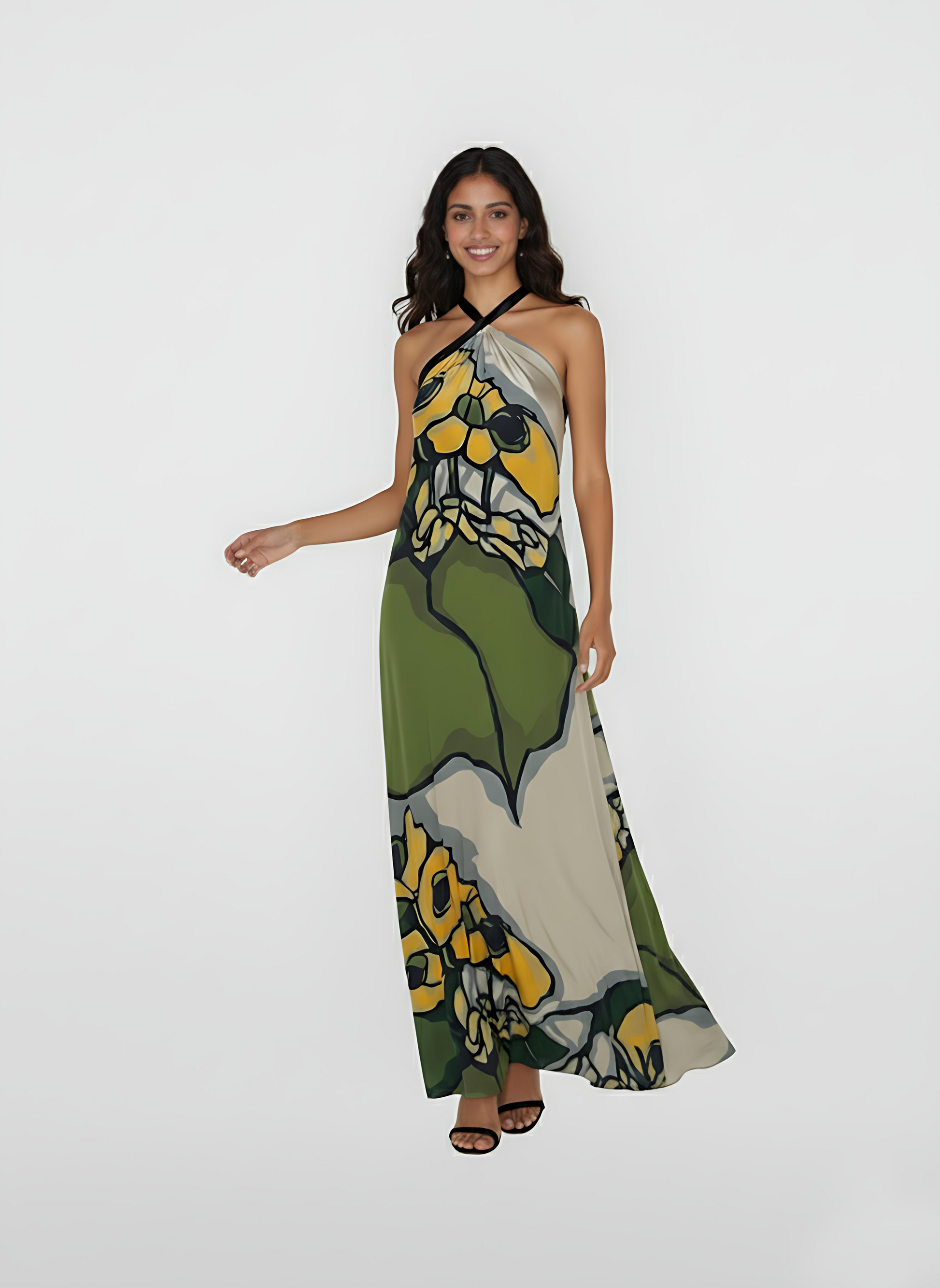 Sleeveless halter-neck dress crafted from a breezy, smooth crepe material that captures movement through its voluminous hemline. This piece features a striking mix of organic shapes and bold outlines, offering a modern take on seasonal floral dressing.