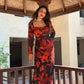 Orange and black abstract floral print ankle-length dress crafted in chinon