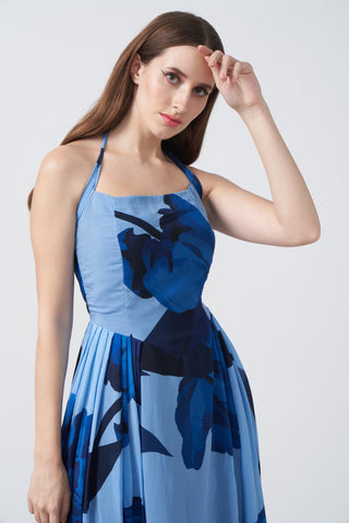 Light and dark blue floral print ankle-length dress with a flowing silhouette