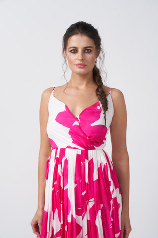 Spaghetti-strap floral crepe dress with an overlap neckline, ideal for casual gatherings and evening occasions