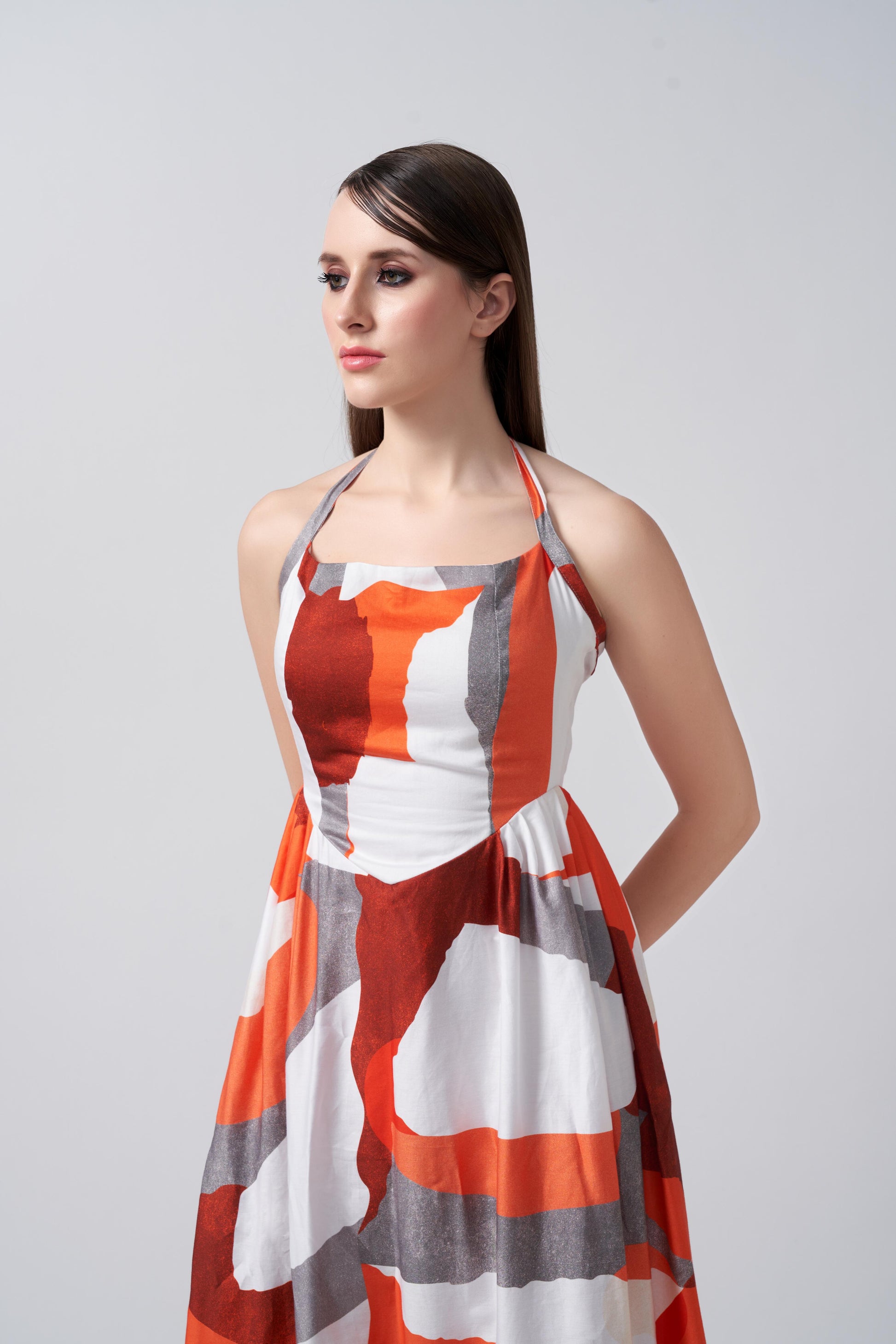 Orange and grey abstract print ankle-length dress crafted in cotton satin