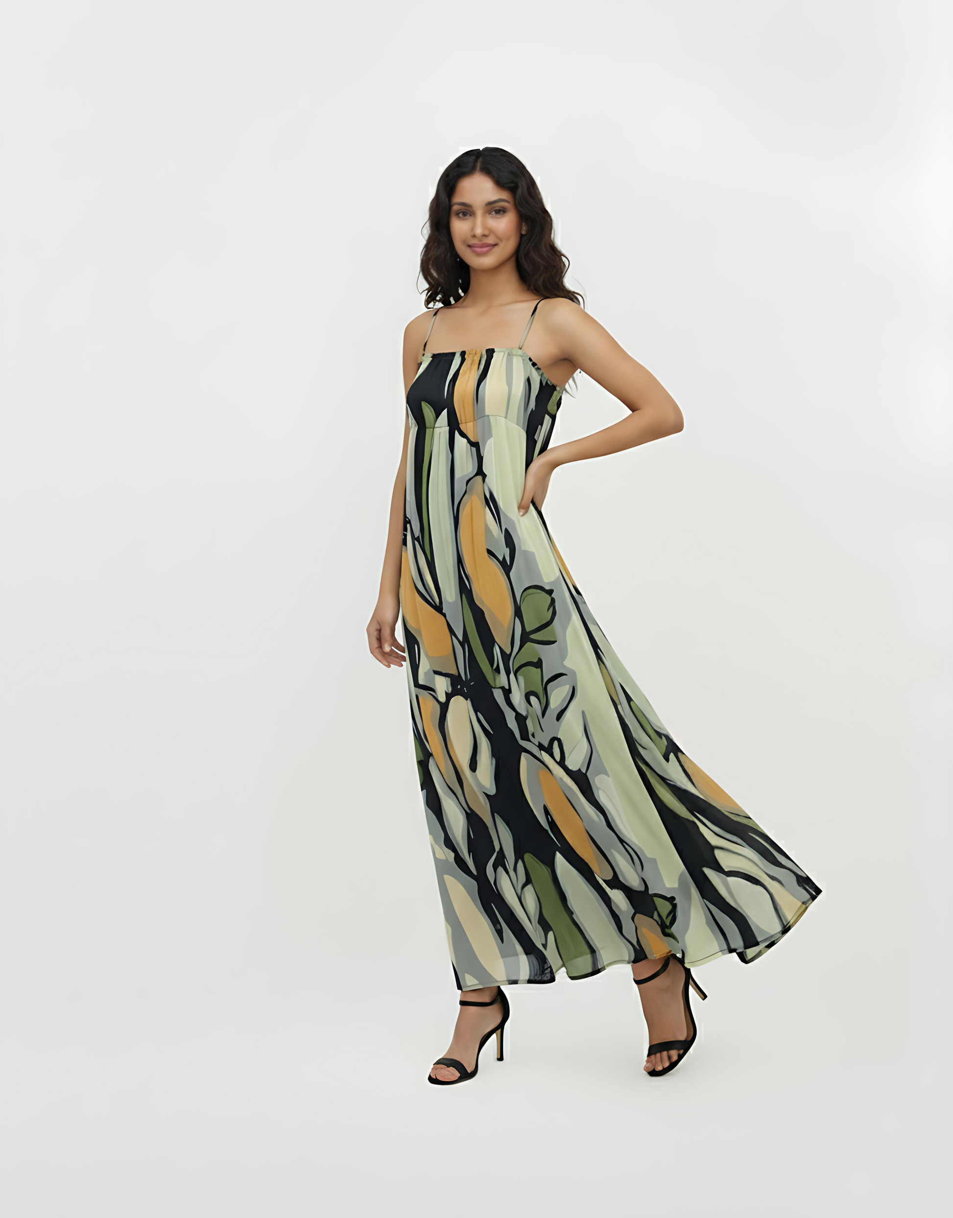 Maxi dress with a flowy hem, designed for effortless movement and ideal for summer resort wear or casual evening events.