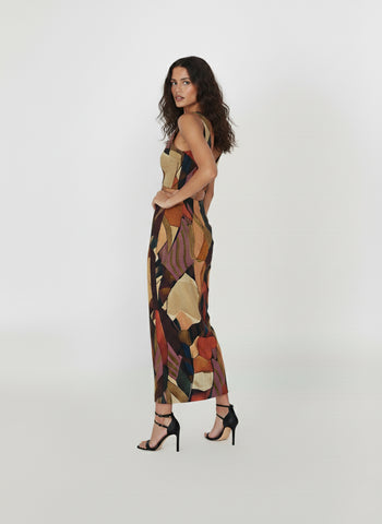Chinon sleeveless maxi dress with a deep V-neck and mosaic-inspired abstract print in earthy tones.