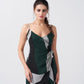 Wrap-style abstract print ankle-length dress with spaghetti straps, suitable for professional settings and formal gatherings