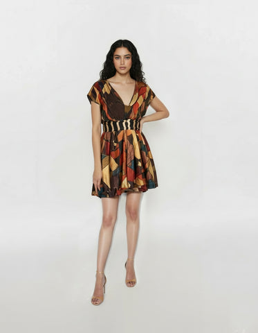 Short V-neck fit-and-flare dress with a contrasting striped waistband and multicolored abstract mosaic print