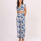 Model standing in the printed muslin co-ord set, showing the relaxed fit and contemporary summer look.