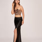 Golden tube top and black faux leather skirt set with a thigh-high slit, suitable for parties and cocktail events