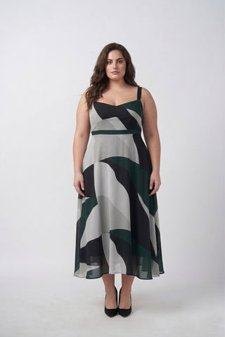 Detail of fluid crepe fabric drape on a green abstract midi dress, offering soft movement without clinging
