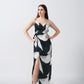  Model posing with hand on waist, showcasing the fitted wrap silhouette of the satin dress.