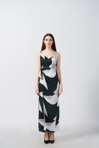 Wrap-style ankle-length dress crafted in satin with a fluid, elegant drape