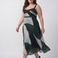 Flowy crepe midi dress featuring green, black, and grey abstract print with a graceful silhouette for elevated daytime styling