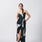 Wrap-style ankle-length dress in crepe fabric with a fluid, elegant drape