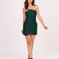 Strapless green cotton satin mini dress with rose petal detailing, suitable for parties and evening outings