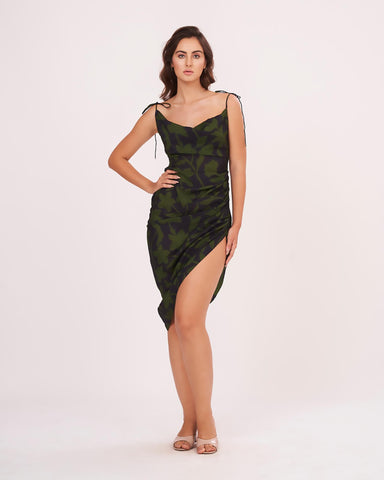 Tie-up strap muslin dress in green with ruched detailing, ideal for casual outings and relaxed evening occasions