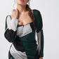 Close-up front view emphasizing square neckline and shoulder detailing of the abstract dress.