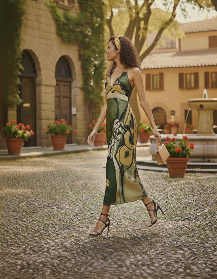 Sleeveless A-line crepe dress with a deep halter neckline, tie-up detail, and a fitted waistband for a flattering silhouette.