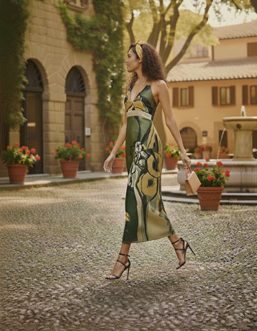 Sleeveless A-line crepe dress with a deep halter neckline, tie-up detail, and a fitted waistband for a flattering silhouette.