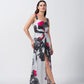 Model standing in grey and white floral satin dress showing full silhouette and ankle length.