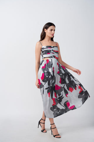 Grey and white abstract floral print midi dress with a smooth satin finish