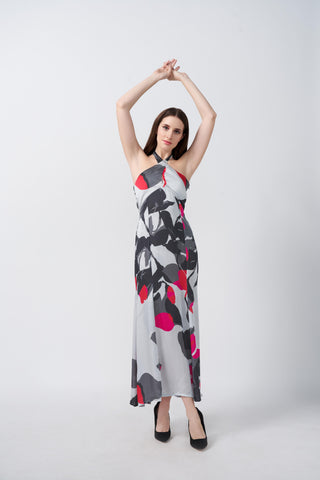 Halter-neck ankle-length satin dress with a tie-back detail and elegant drape