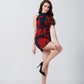 Halter-neck abstract floral short dress in red and navy, suitable for daytime outings and brunches