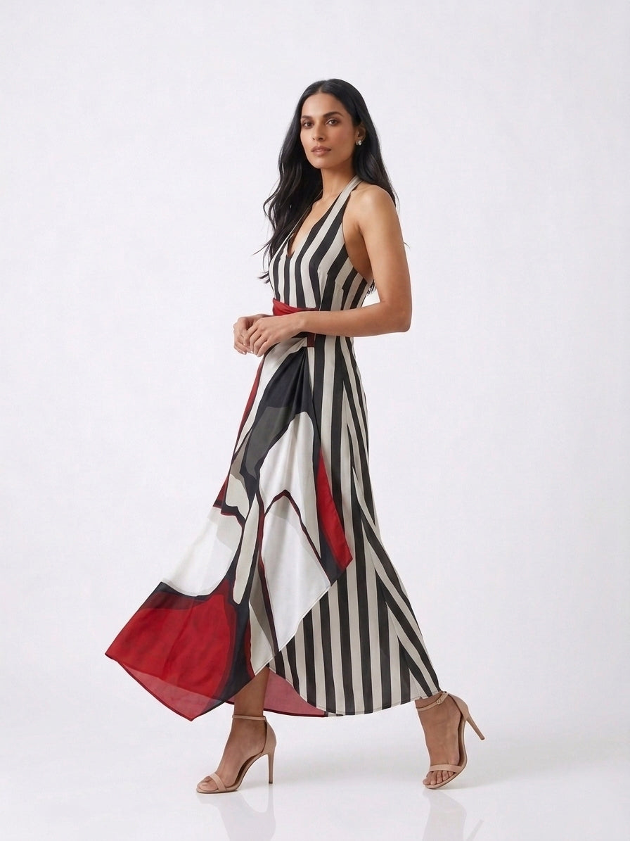 Elegant halter neckline maxi dress with a deep V-front and open-back tie detail