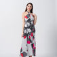 Halter-neck abstract floral ankle-length satin dress, suitable for formal evenings and special occasions