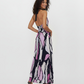 Back view of the Lilac Noir Halter Maxi Dress showcasing tie-back, a delicate halter tie at the nape of the neck. 