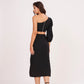 Elegant high-waisted black muslin skirt with thigh-high slit, offering sophistication and glamour for chic occasions