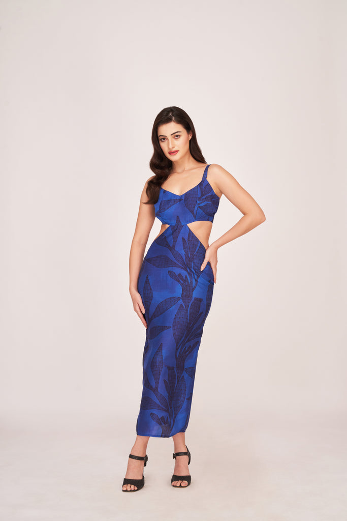 Azure Blossom Elegance Midi Dress