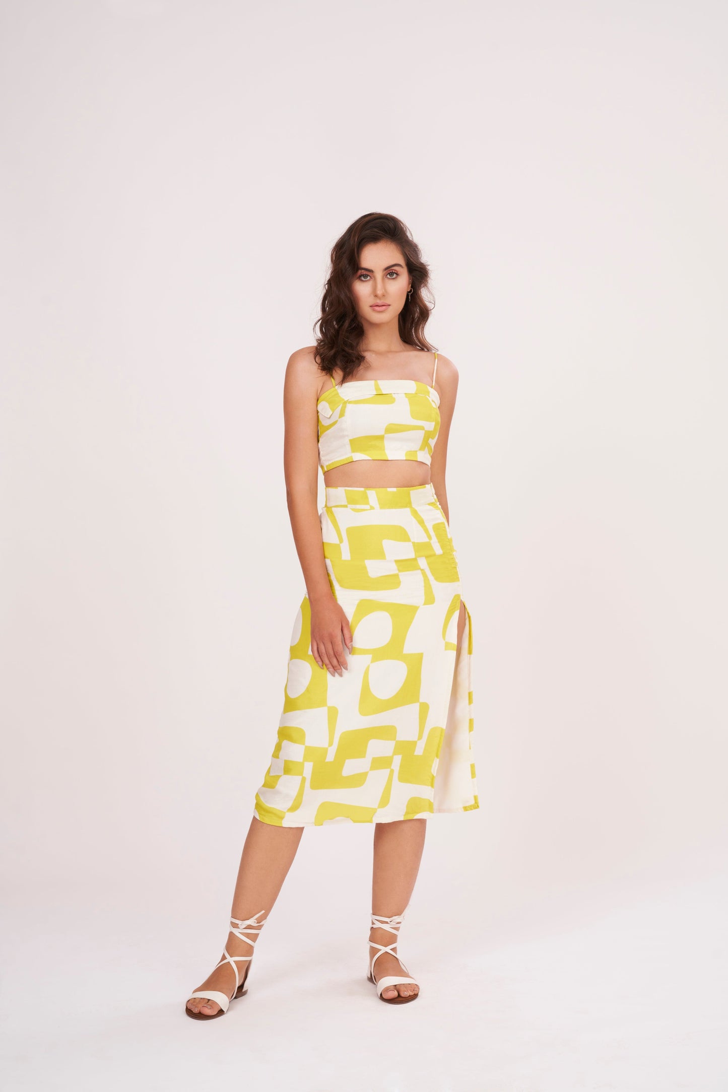 Chic Yellow Printed Strappy Crop Top crafted from lightweight, premium muslin fabric, perfect for summer wardrobe. Versatile