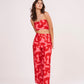 Red Co Ord Set with tube crop top and Palazzo pants, featuring an eye-catching geometric print. Crafted from high-quality, lightweight cotton satin, perfect for summer days.