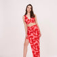 High-slit printed long skirt made from muslin fabric.
