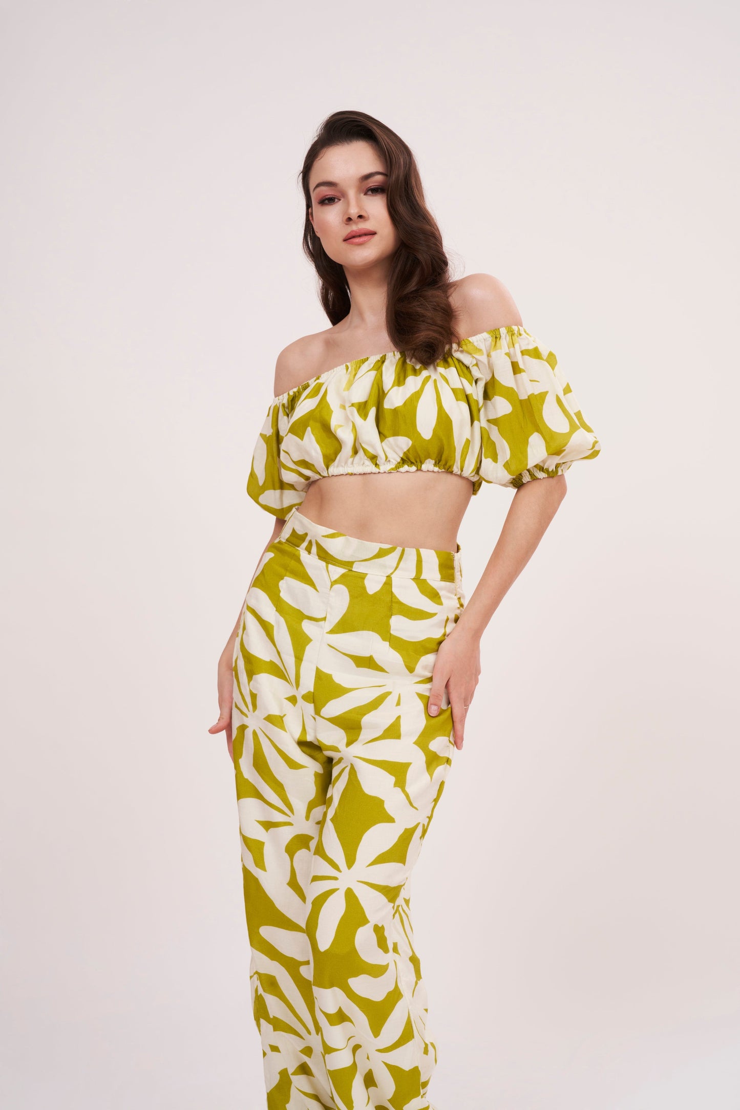 Elasticated-sleeve tube crop top with off-shoulder floral design, perfect for summer outings and casual evening dinners, featuring a green geometric print.