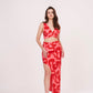 High-slit printed long skirt made from muslin fabric.