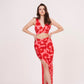 High-slit printed long skirt made from muslin fabric.