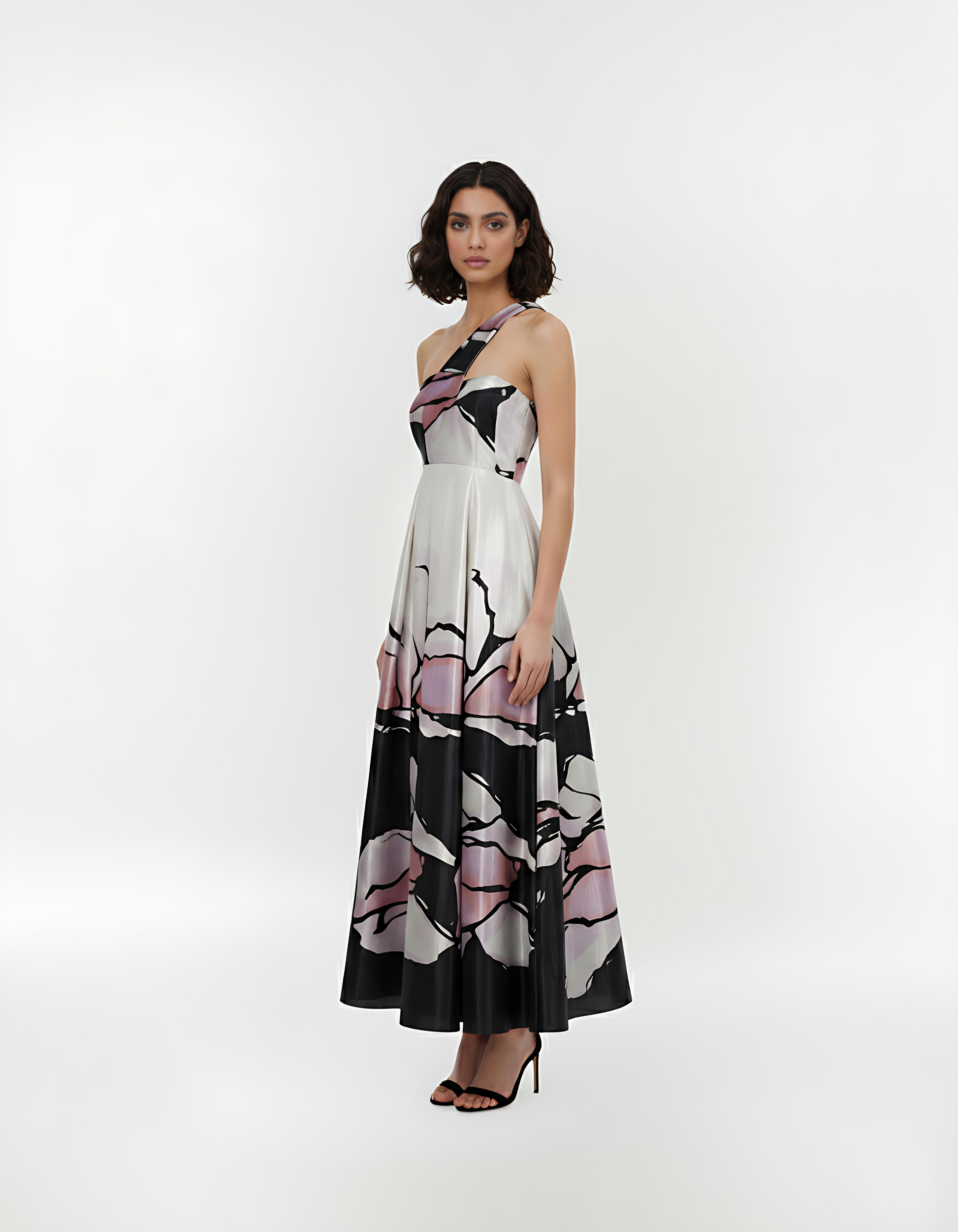 One-shoulder crepe maxi dress with abstract floral print in lavender, lilac, grey, and black tones