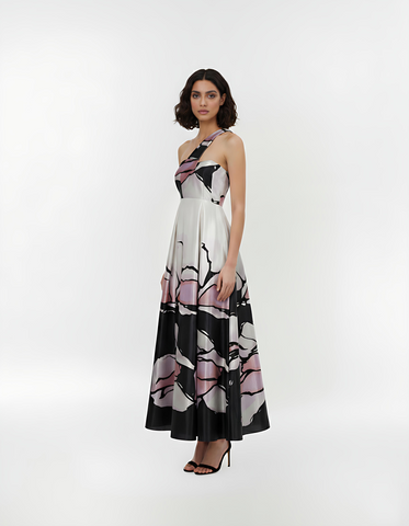One-shoulder crepe maxi dress with abstract floral print in lavender, lilac, grey, and black tones