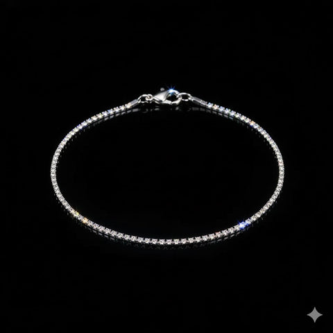 A stunning silver line anklet featuring a continuous row of shimmering crystals, perfect for adding a touch of high-end glamour to a party look.