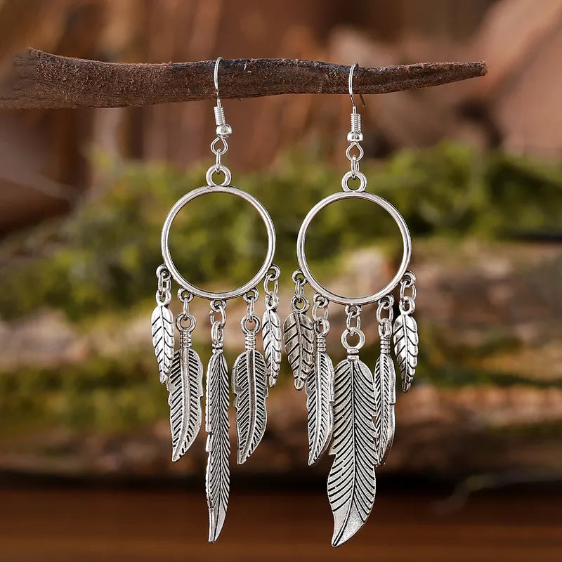 Feather Hoop Drop Earrings – Silver