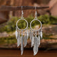 A pair of antique silver Feather Hoop Drop Earrings with intricate metallic feather charms hanging from a circular hoop, displayed on a rustic branch background.
