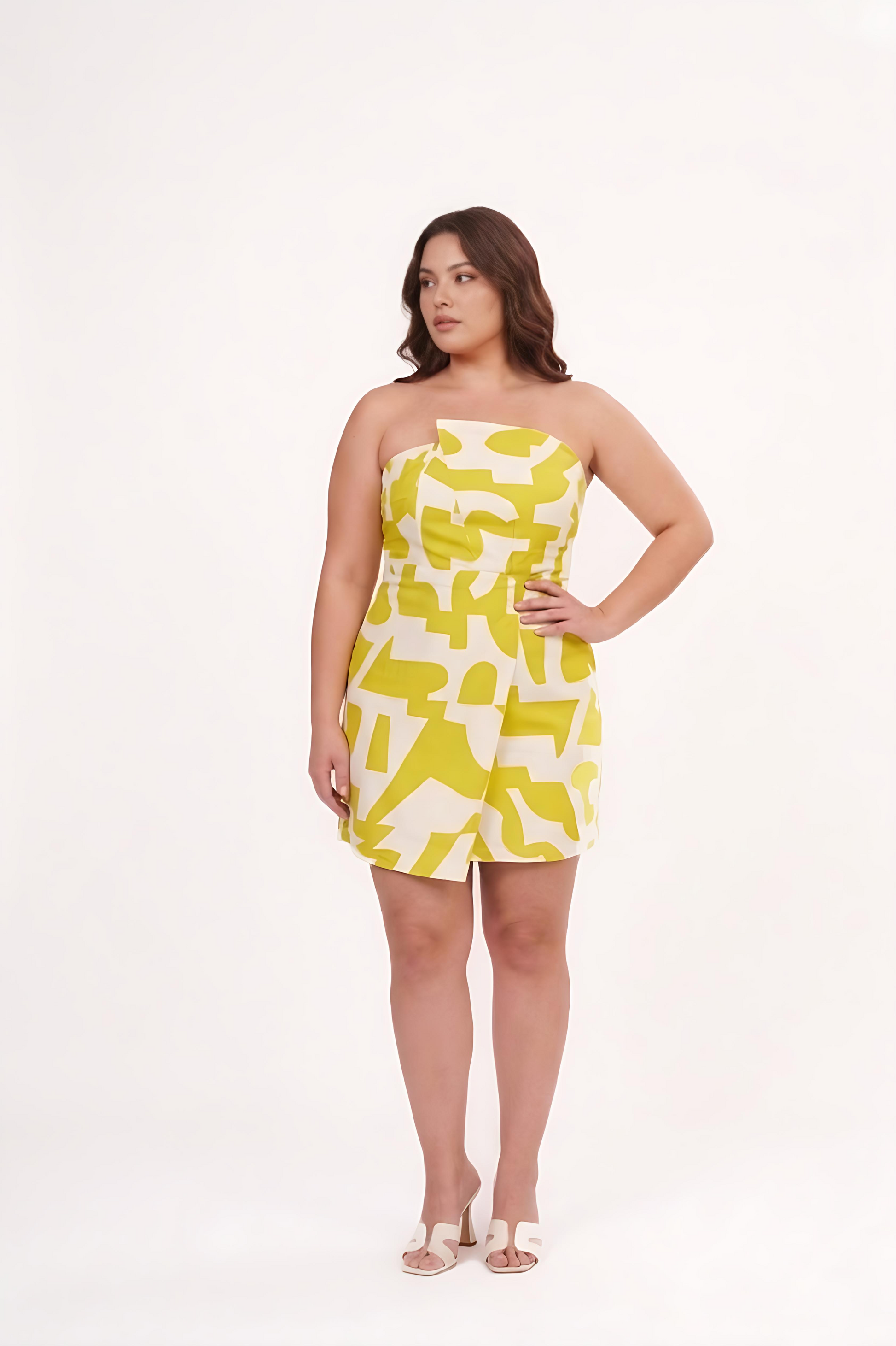 Lime yellow geometric print muslin tube midi dress with a body-skimming silhouette, perfect for bold resort styling