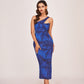 Blue silk dress featuring a bold digital floral print and refined finish