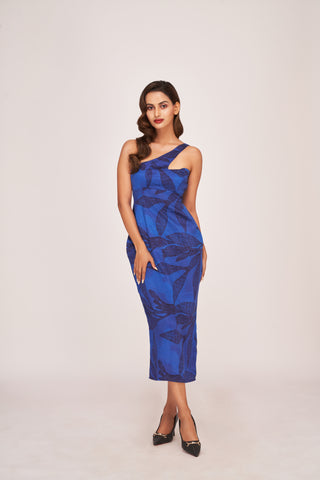 Blue silk dress featuring a bold digital floral print and refined finish