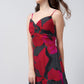 Red and pink abstract print full-length dress in chinon, ideal for formal events and evening occasions