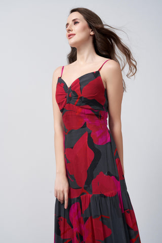 Red and pink abstract print full-length dress in chinon, ideal for formal events and evening occasions